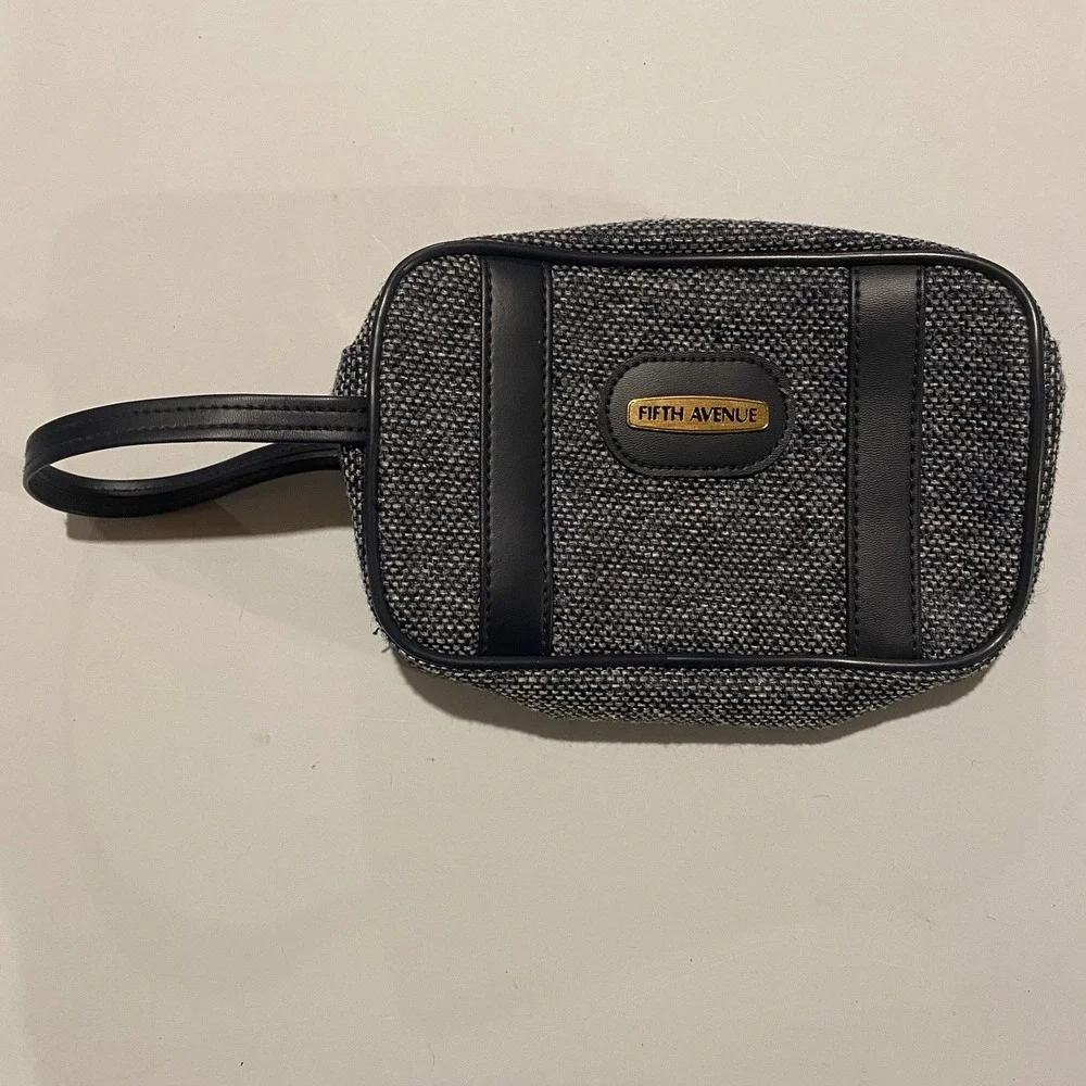 VTG Fifth Avenue‎ Gray Blue Tweed Small Toiletry Accessory Make-up Travel Bag